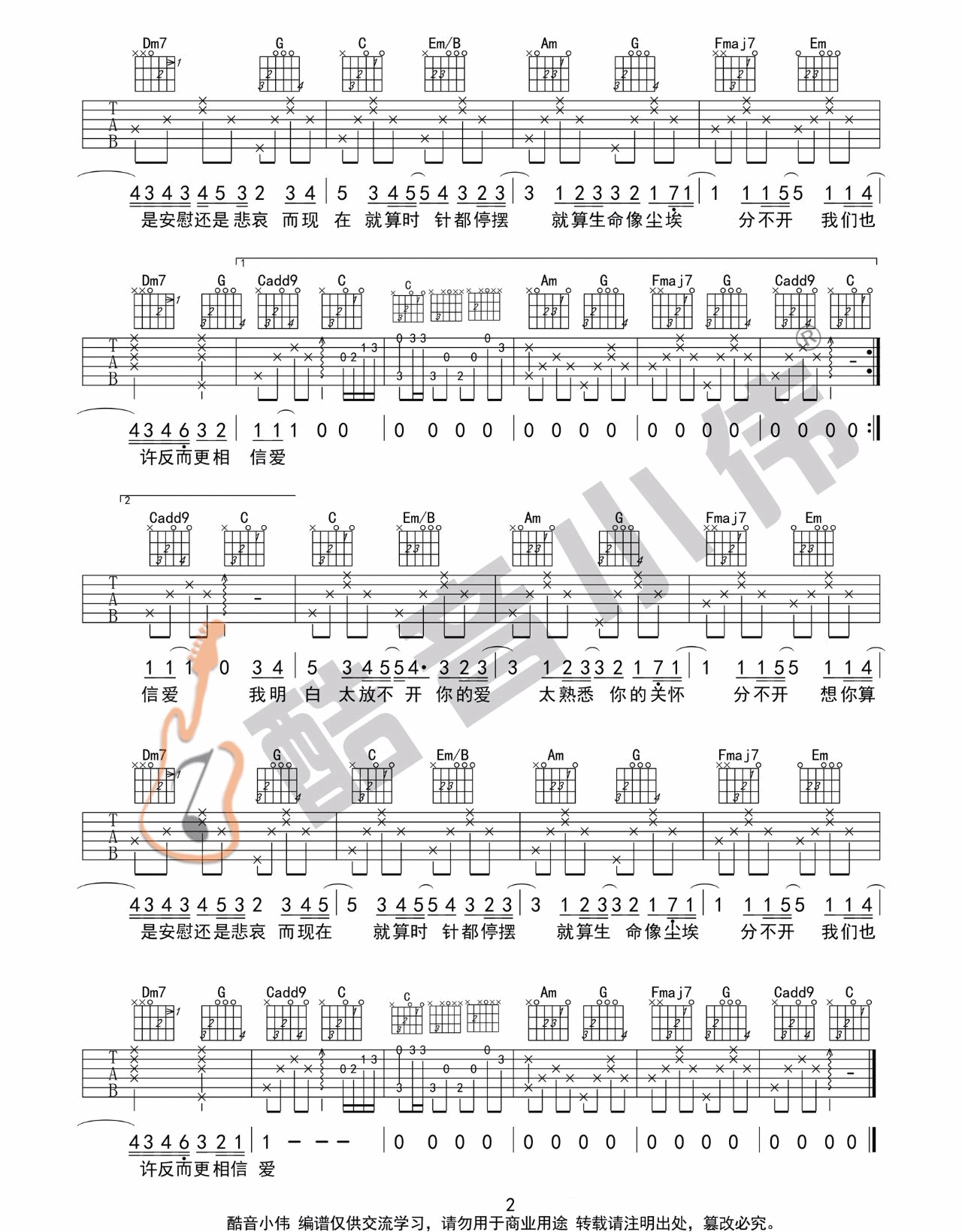 忽然之间吉他谱2-莫文蔚-C调指法