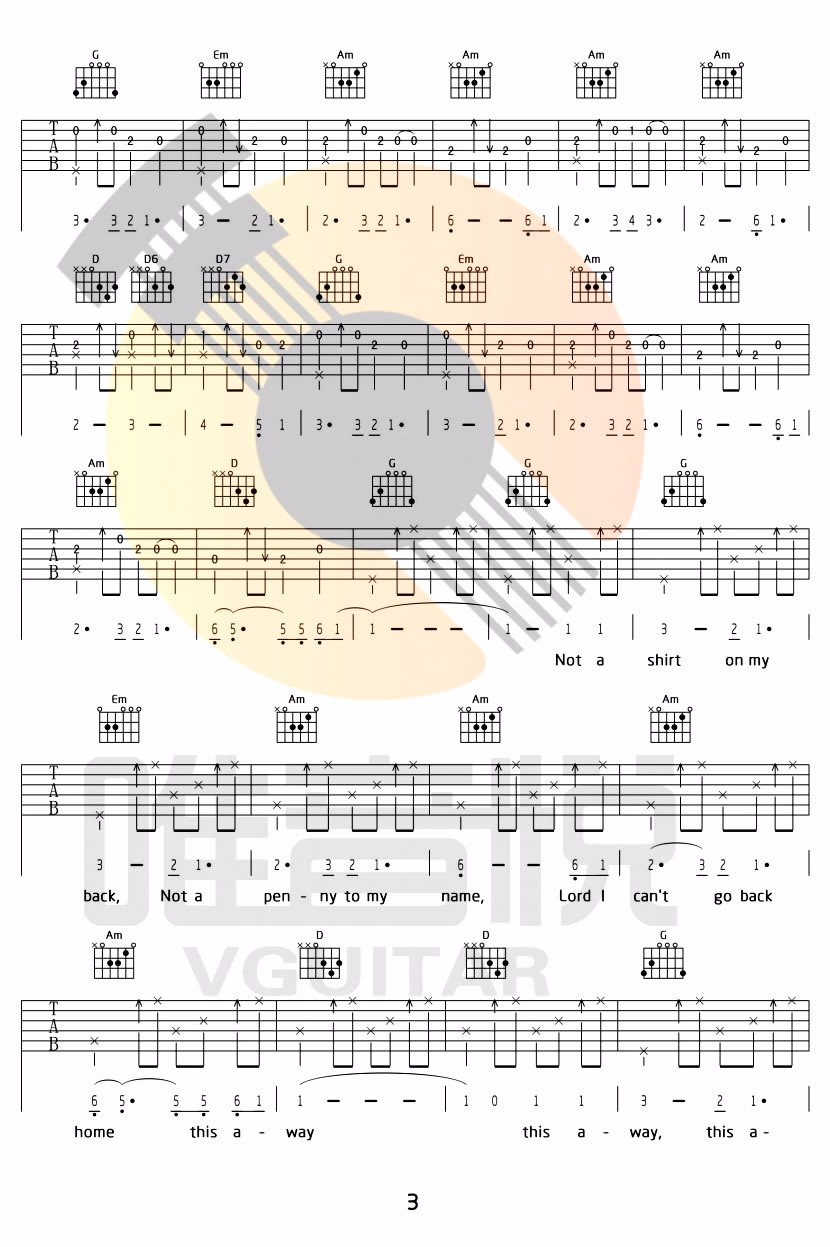 500miles吉他谱3-G调指法