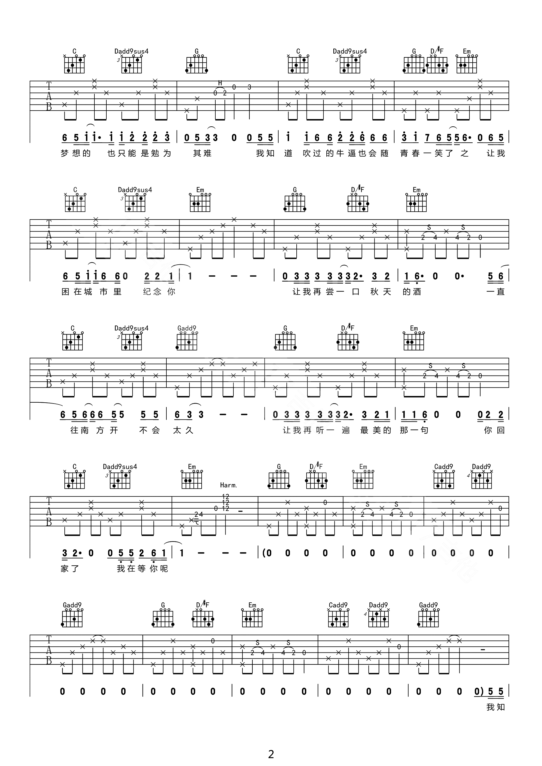 安和桥吉他谱2-宋冬野-G调指法