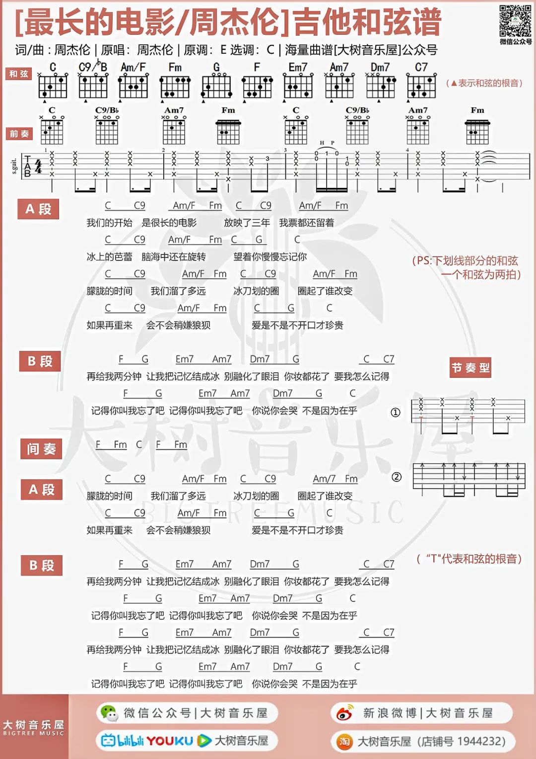 最长的电影吉他谱4-周杰伦-C调指法