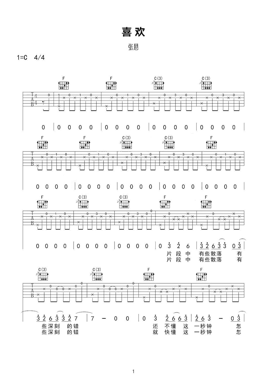 喜欢吉他谱1-张悬-C调指法