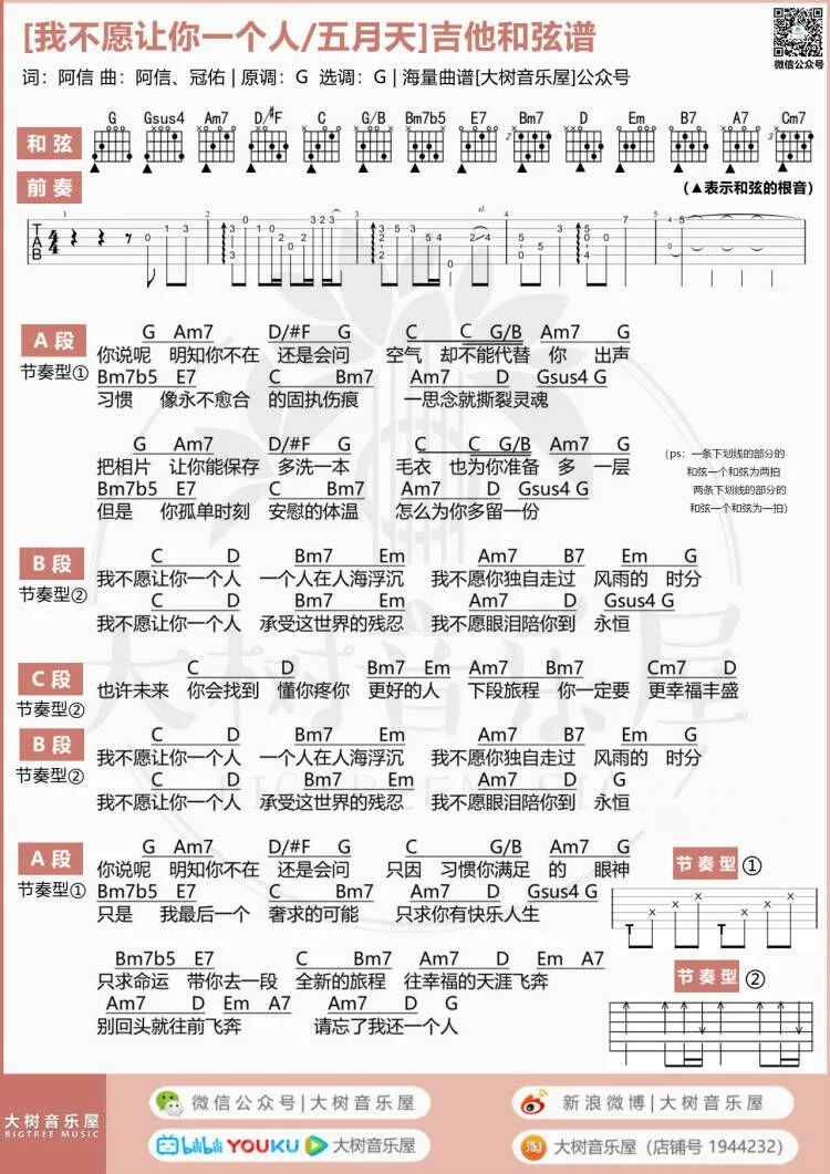 我不愿让你一个人吉他谱4-五月天-G调指法