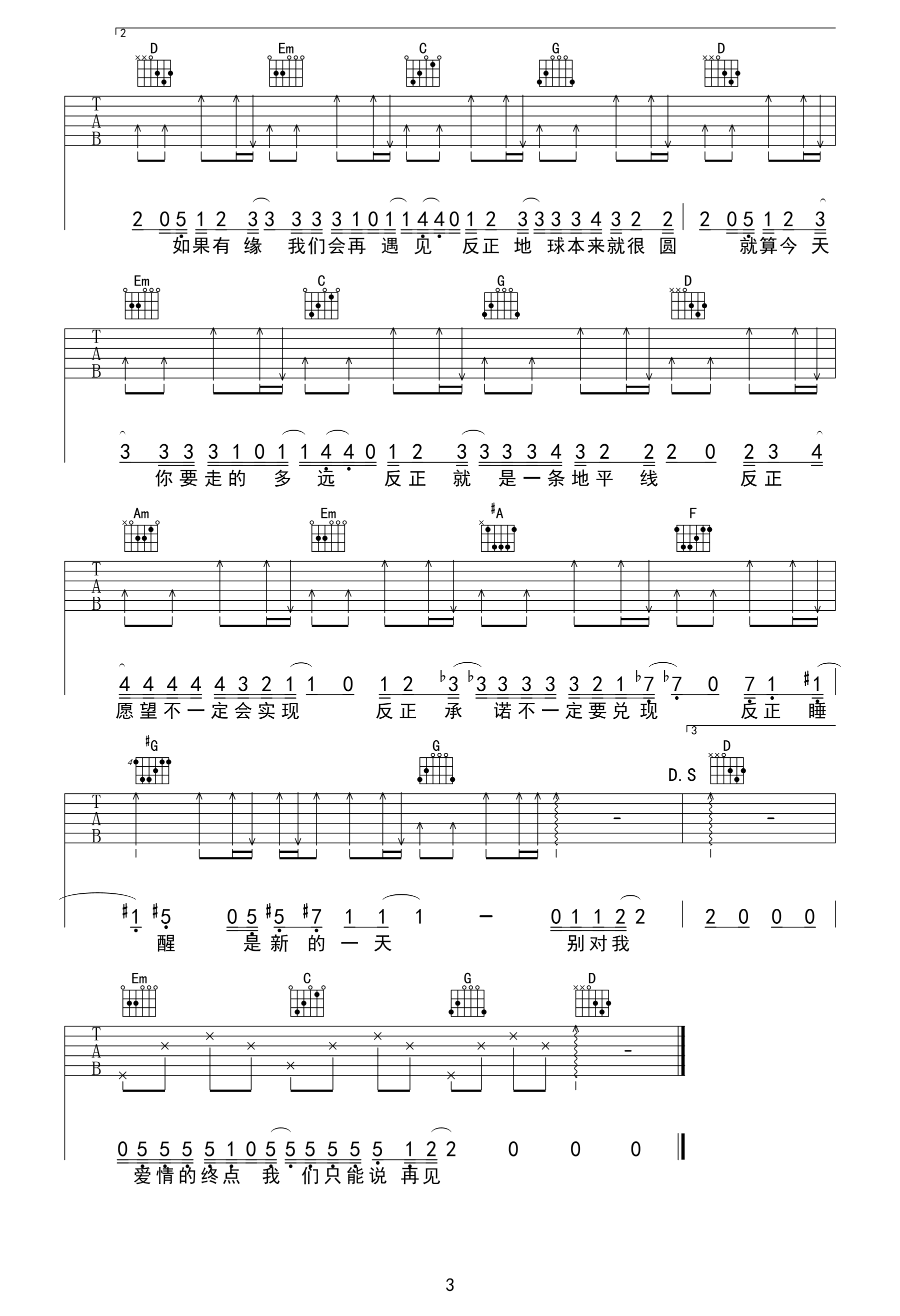 再见吉他谱3-邓紫棋-G调指法