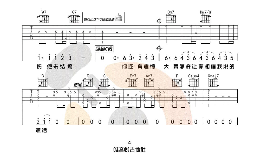 耿吉他谱4-汪苏泷-C调指法