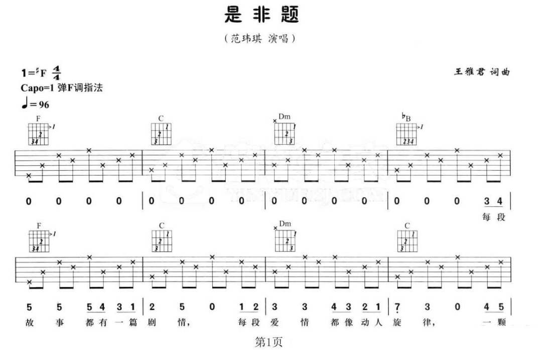 是非题吉他谱1-范玮琪-F调指法