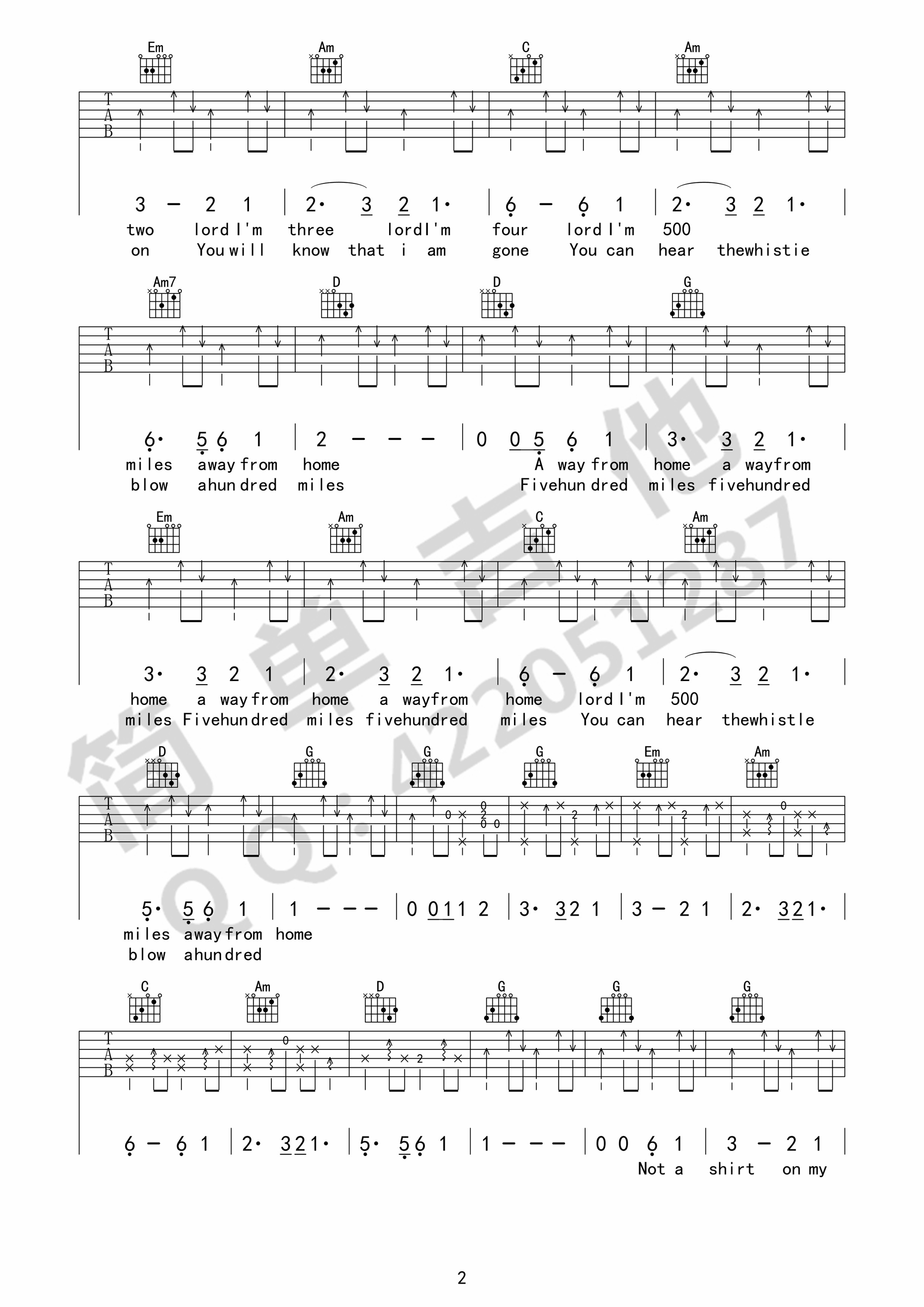 500miles吉他谱2-G调指法