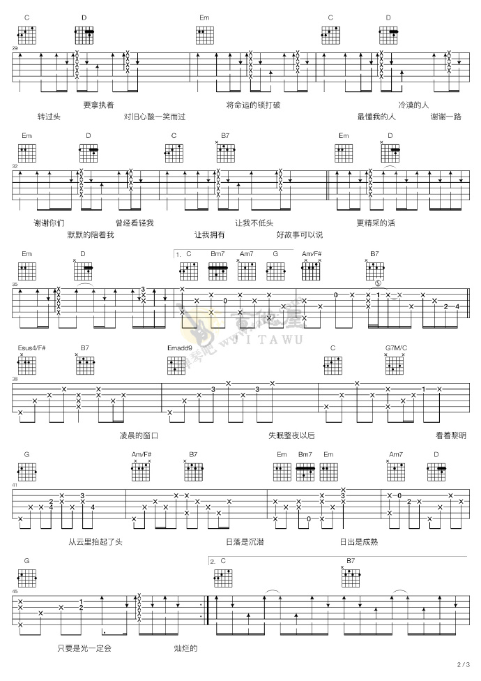 海阔天空吉他谱2-信乐团-G调指法