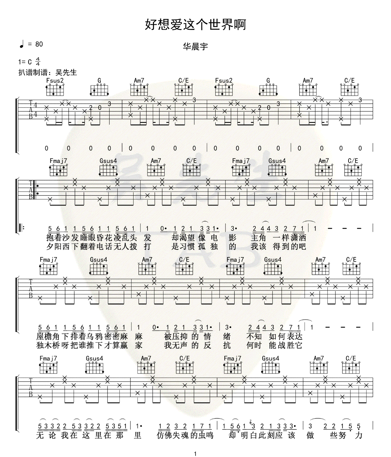 好想爱这个世界啊吉他谱1-华晨宇-C调指法