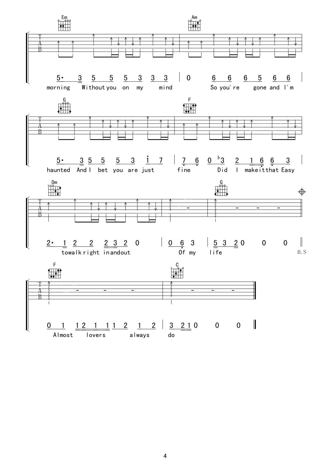 Almost-Lover吉他谱4-A-Fine-Frenzy-C调指法