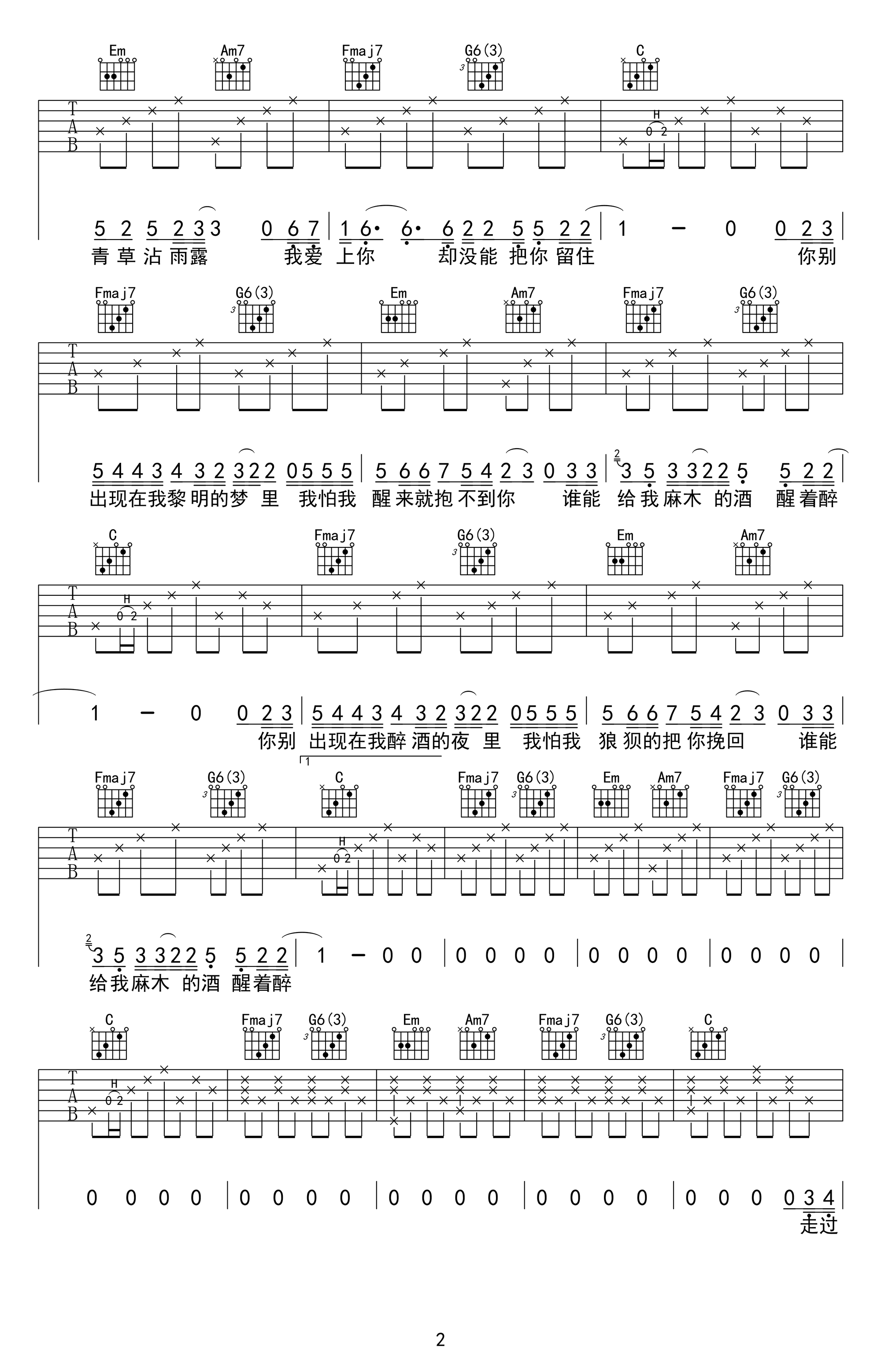 醒着醉吉他谱2-马良-C调指法