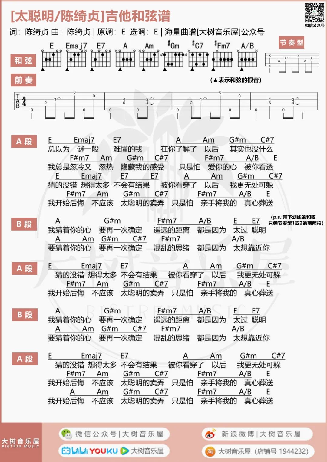 太聪明吉他谱8-陈绮贞-E调指法