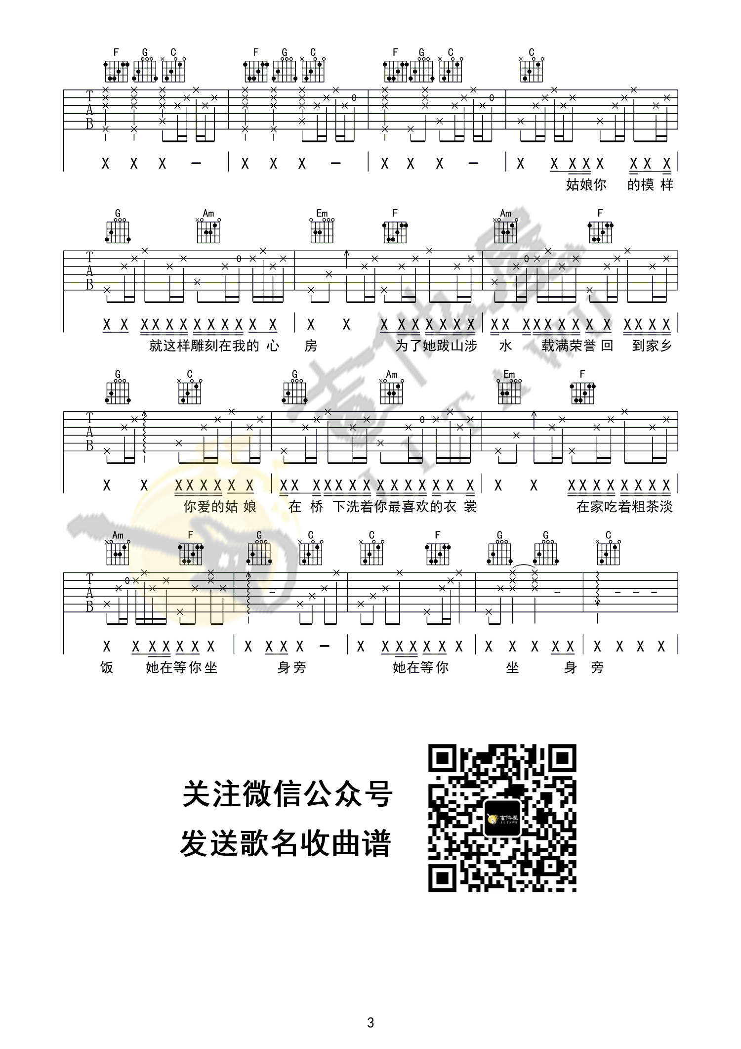 你是姑娘不是我的新娘吉他谱3-隔壁老樊-C调指法
