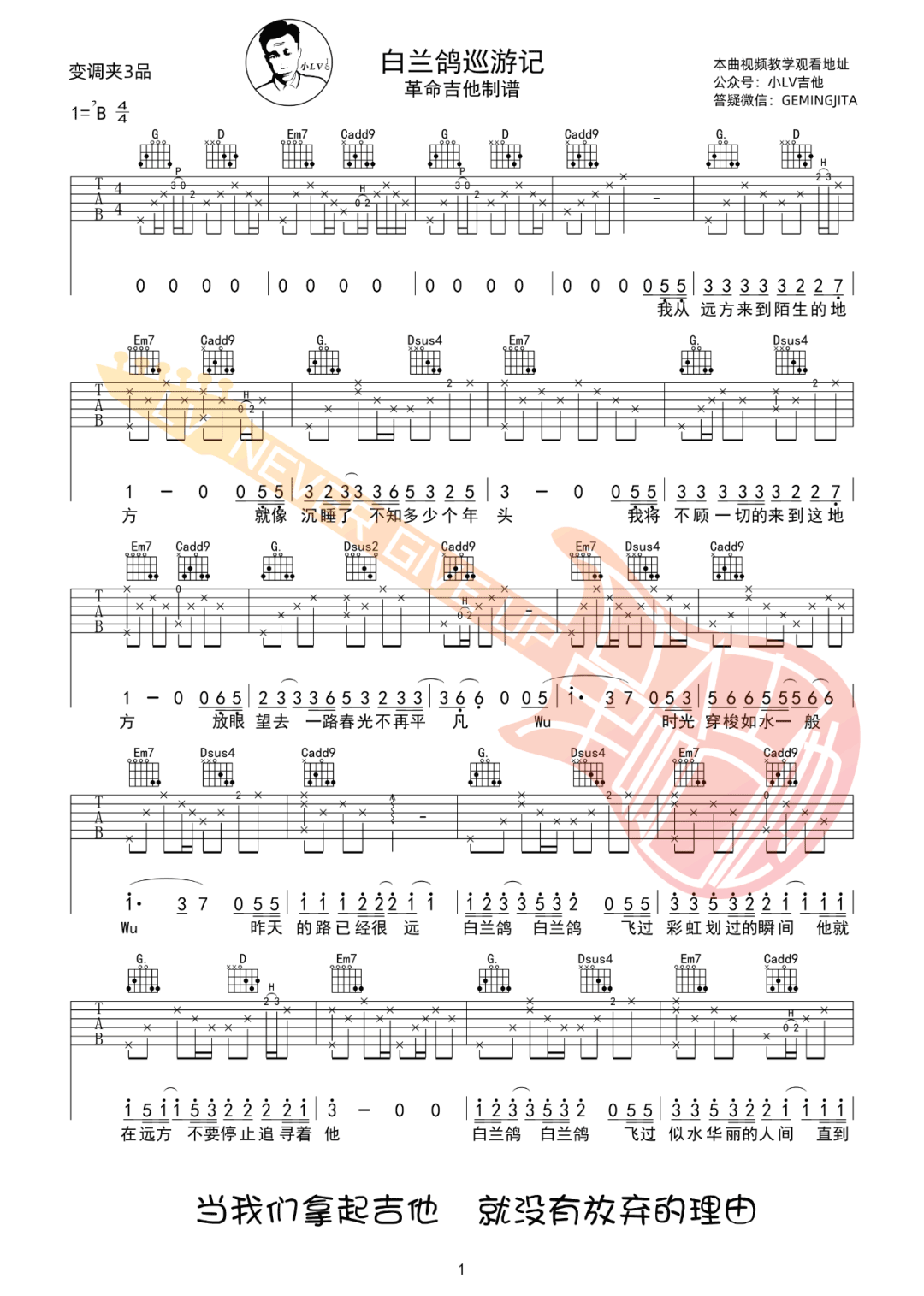 白兰鸽巡游记吉他谱1-丢火车乐队-G调指法