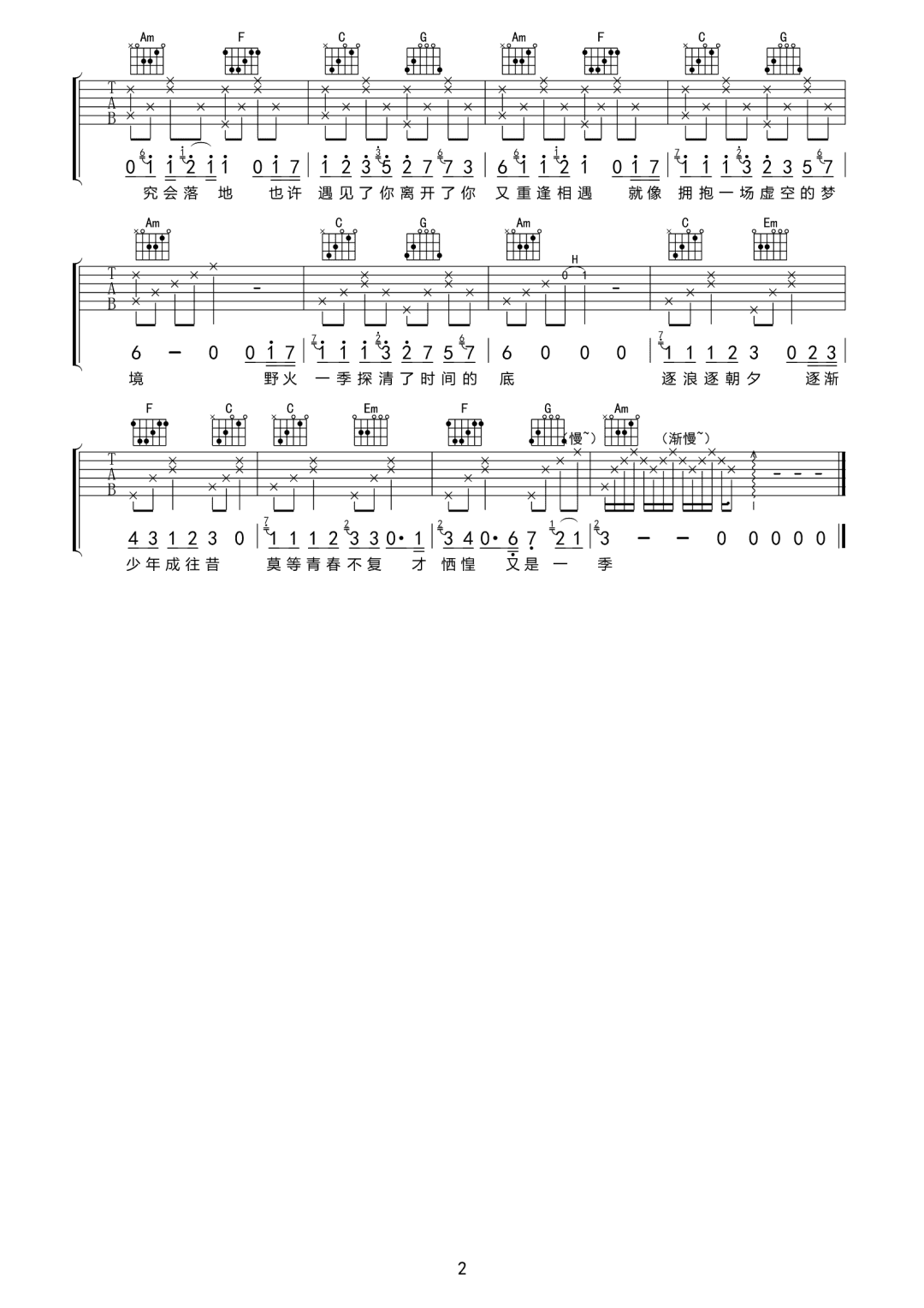 野火一季吉他谱2-张良成-C调指法