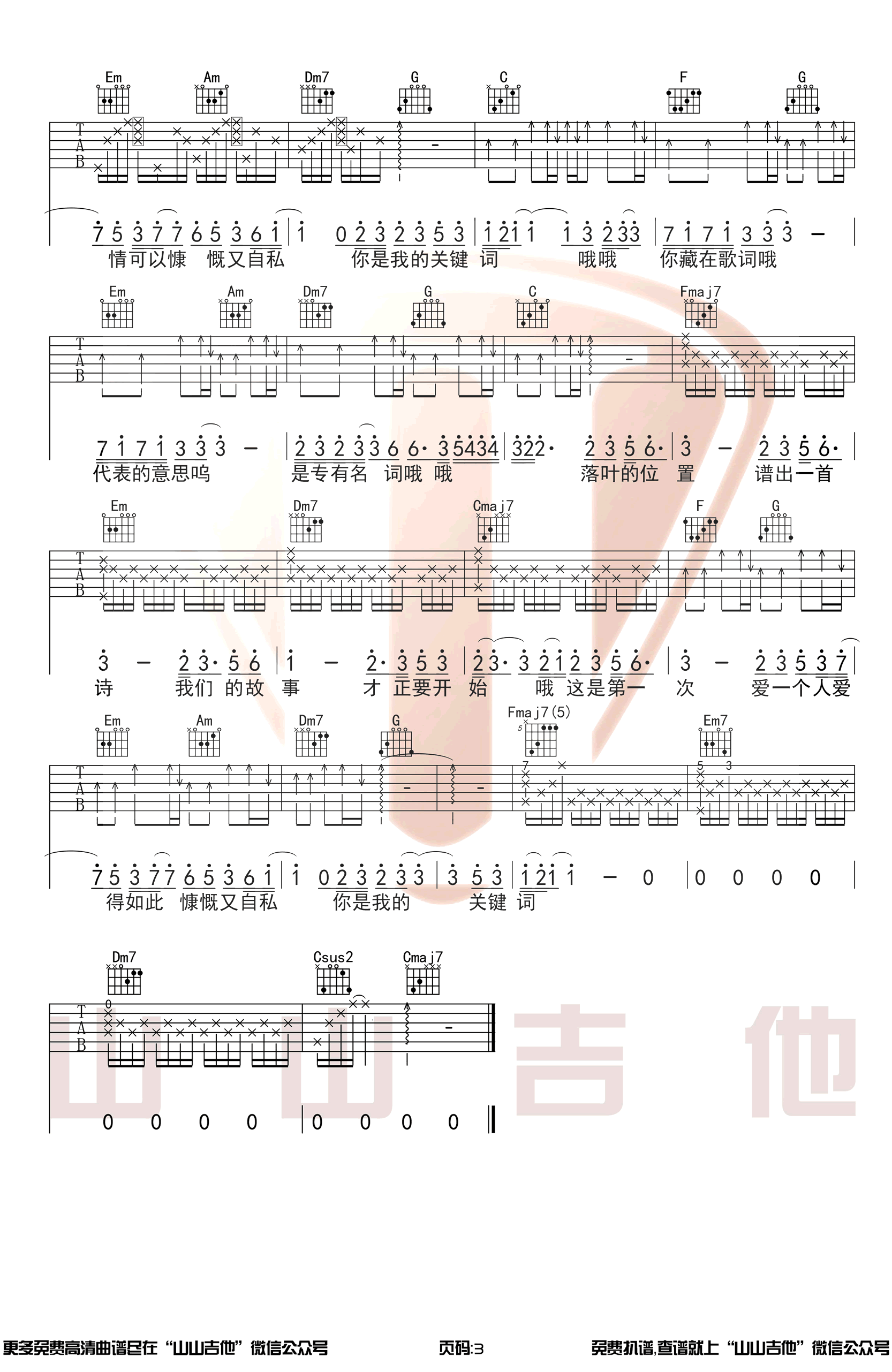 关键词吉他谱3-林俊杰-C调指法