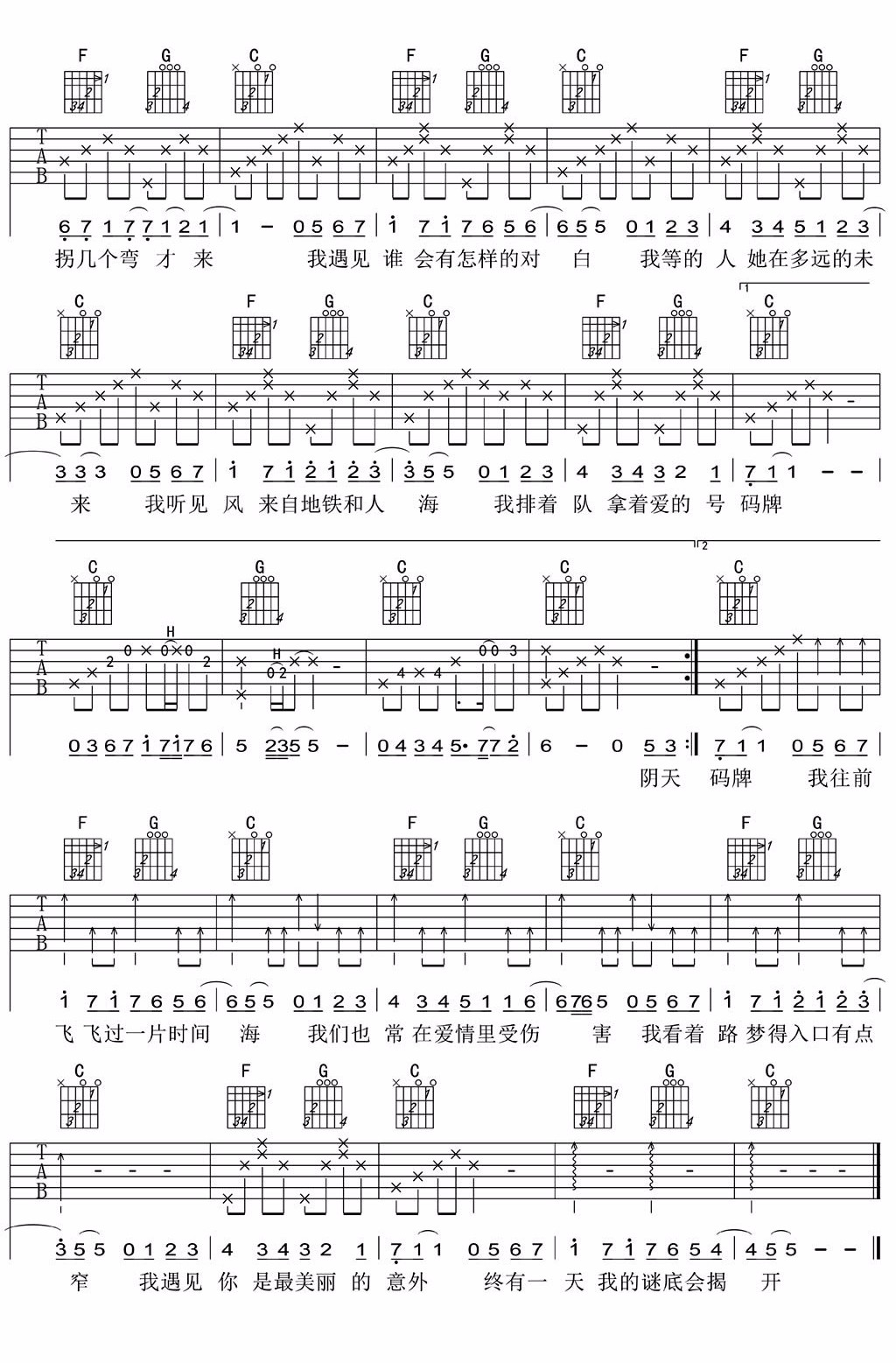 遇见吉他谱2-孙燕姿-C调指法