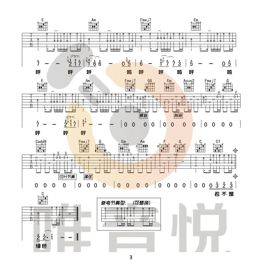 绿色吉他谱3-陈雪凝-C调指法