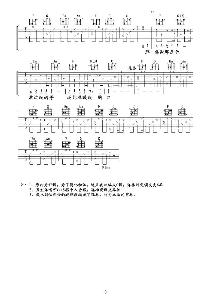 可惜不是你吉他谱3-梁静茹-C调指法