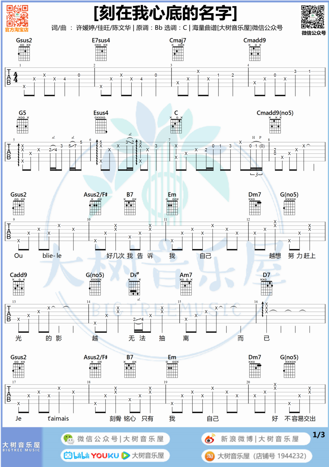 刻在我心底的名字吉他谱1-卢广仲-C调指法
