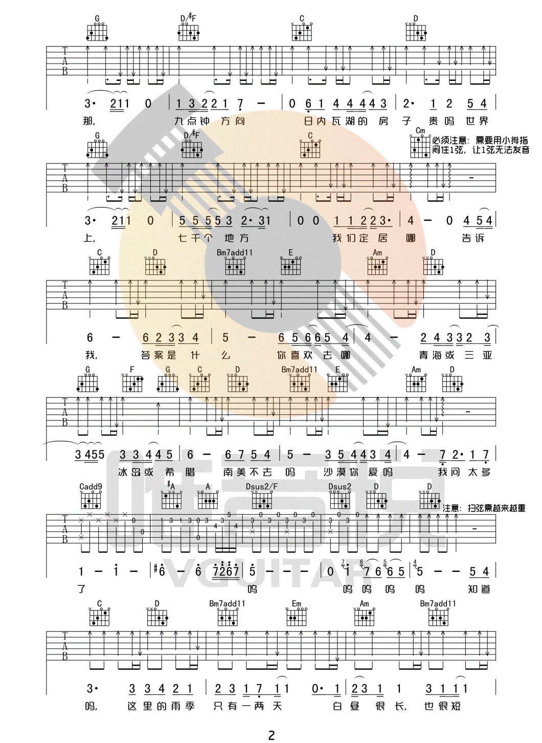 我喜欢上你时的内心活动吉他谱2-陈绮贞-G调指法