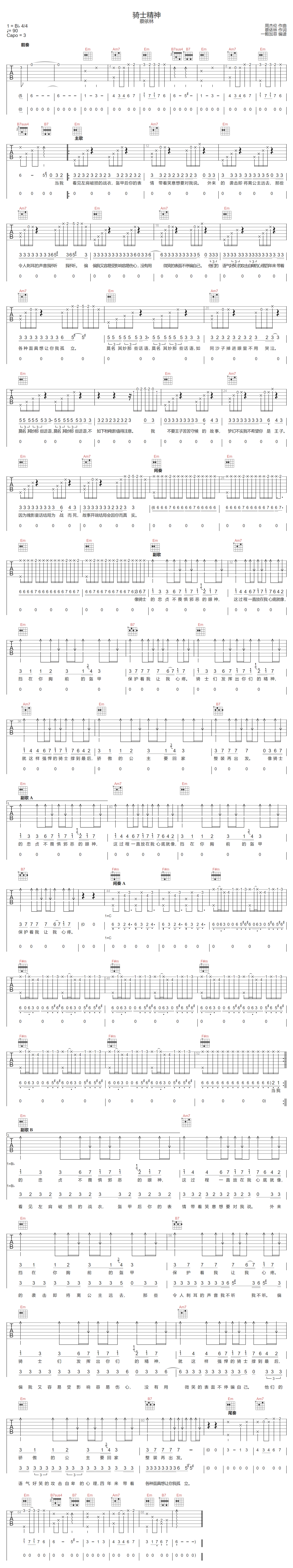 骑士精神吉他谱-蔡依林-G调指法