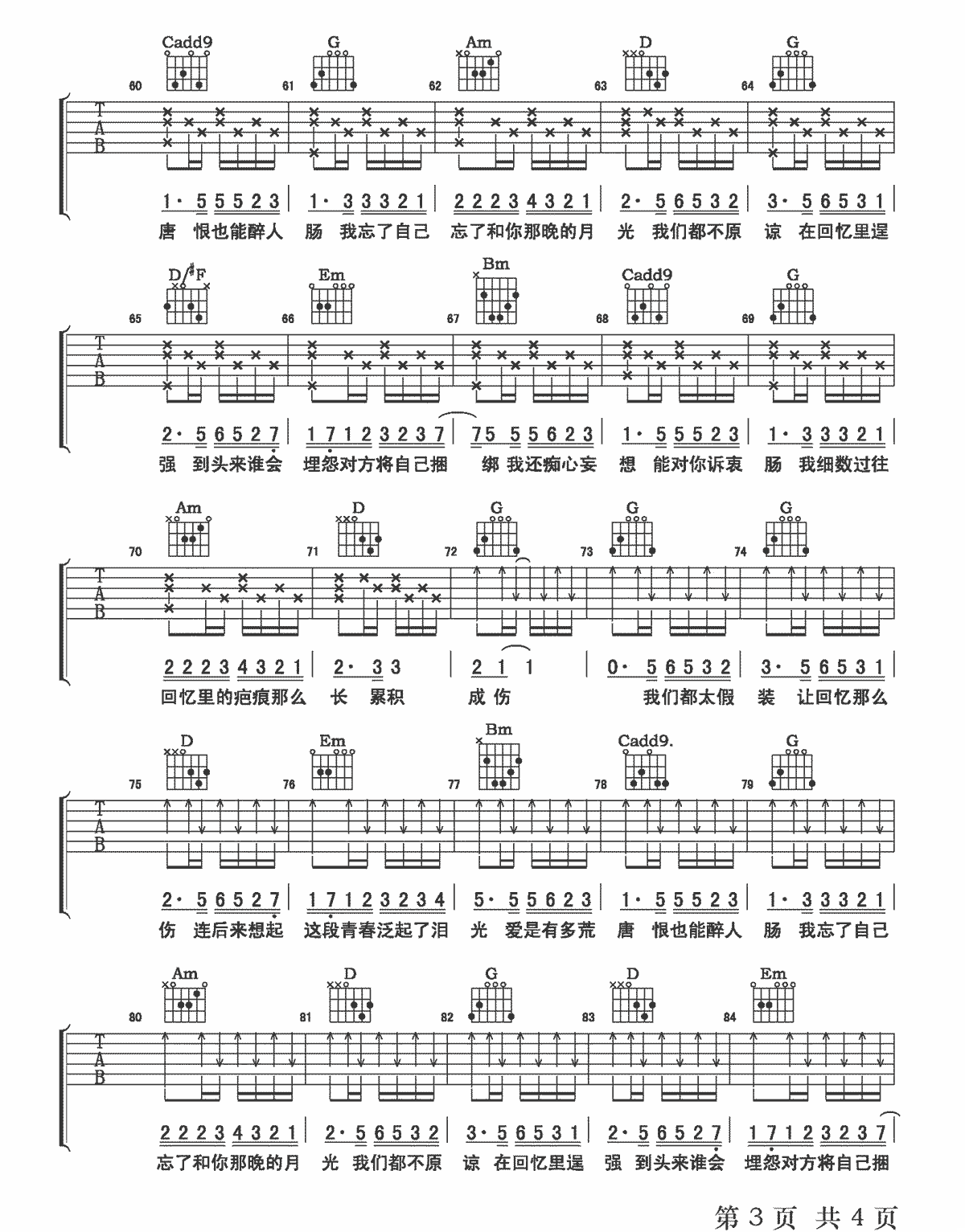 回忆那么伤吉他谱3-孙子涵-G调指法