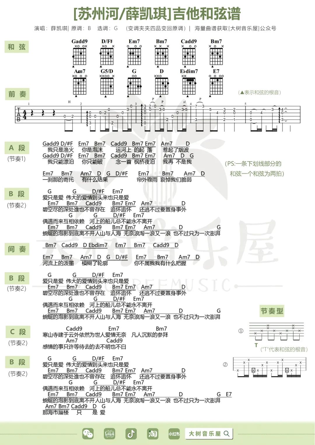 苏州河吉他谱4-薛凯琪-G调指法
