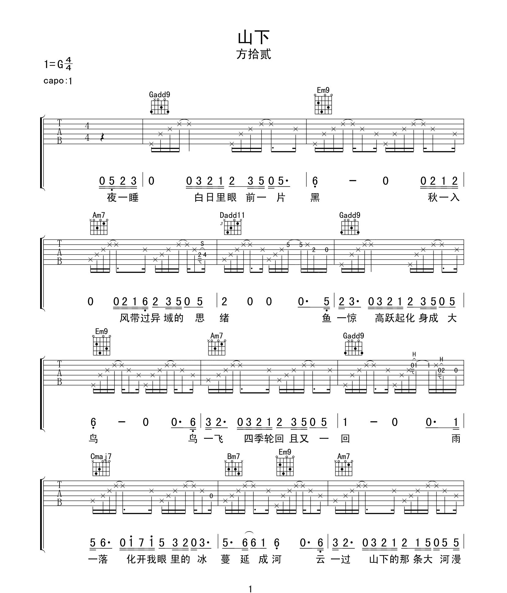 山下吉他谱1-方拾贰-G调指法