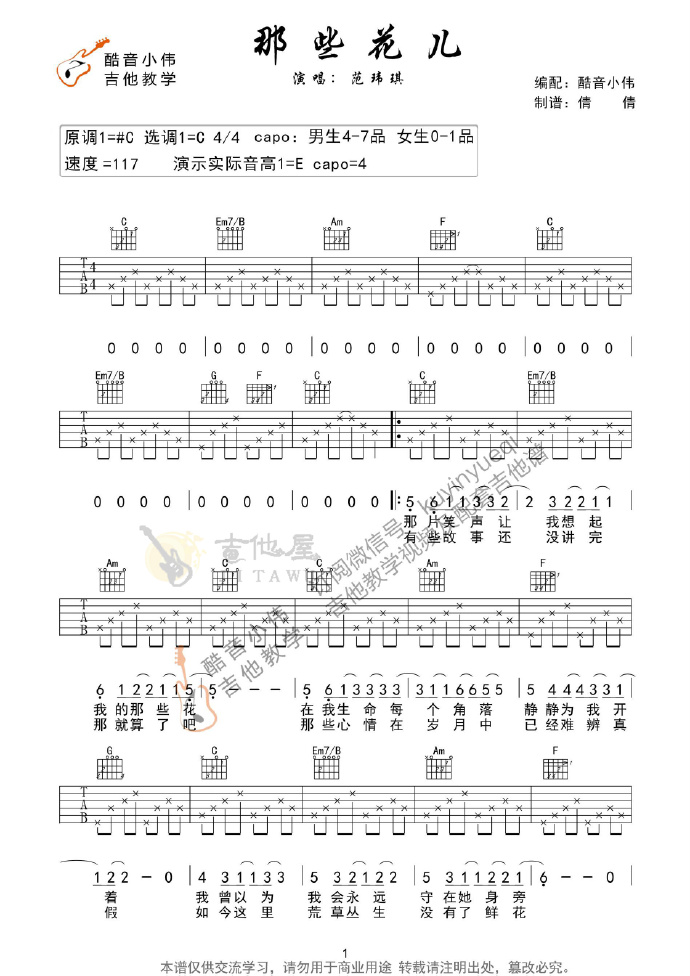那些花儿吉他谱1-范玮琪-C调指法