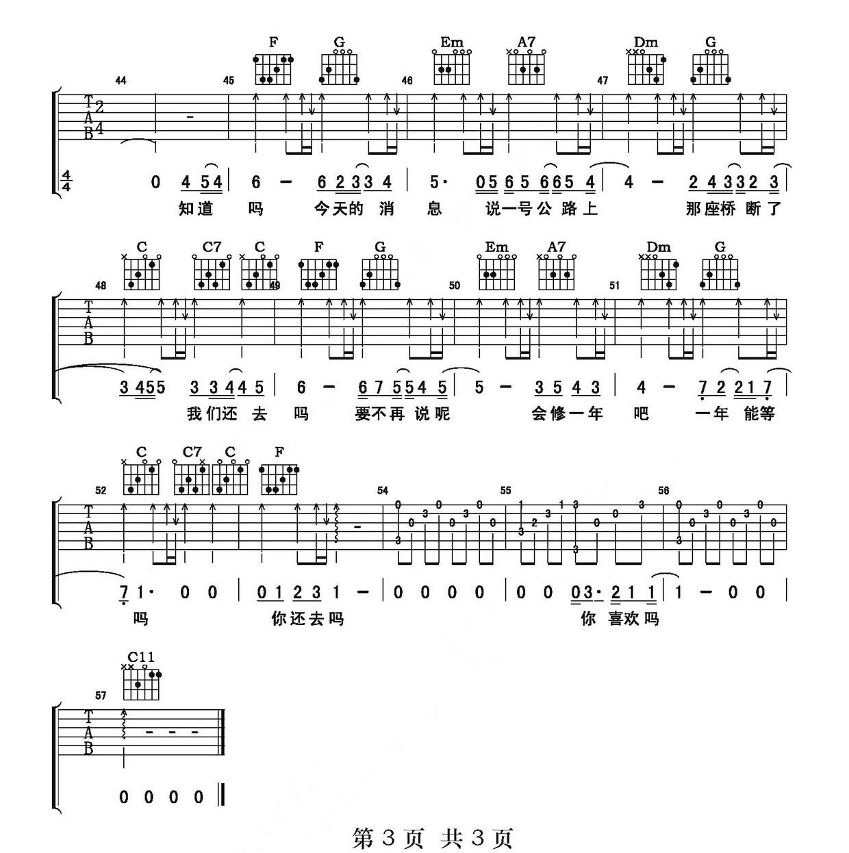 我喜欢上你时的内心活动吉他谱3-陈绮贞-C调指法