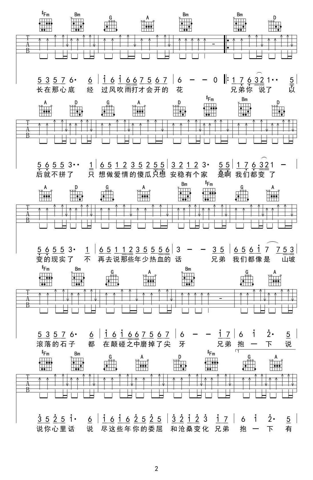 兄弟抱一下吉他谱2-庞龙-D调指法