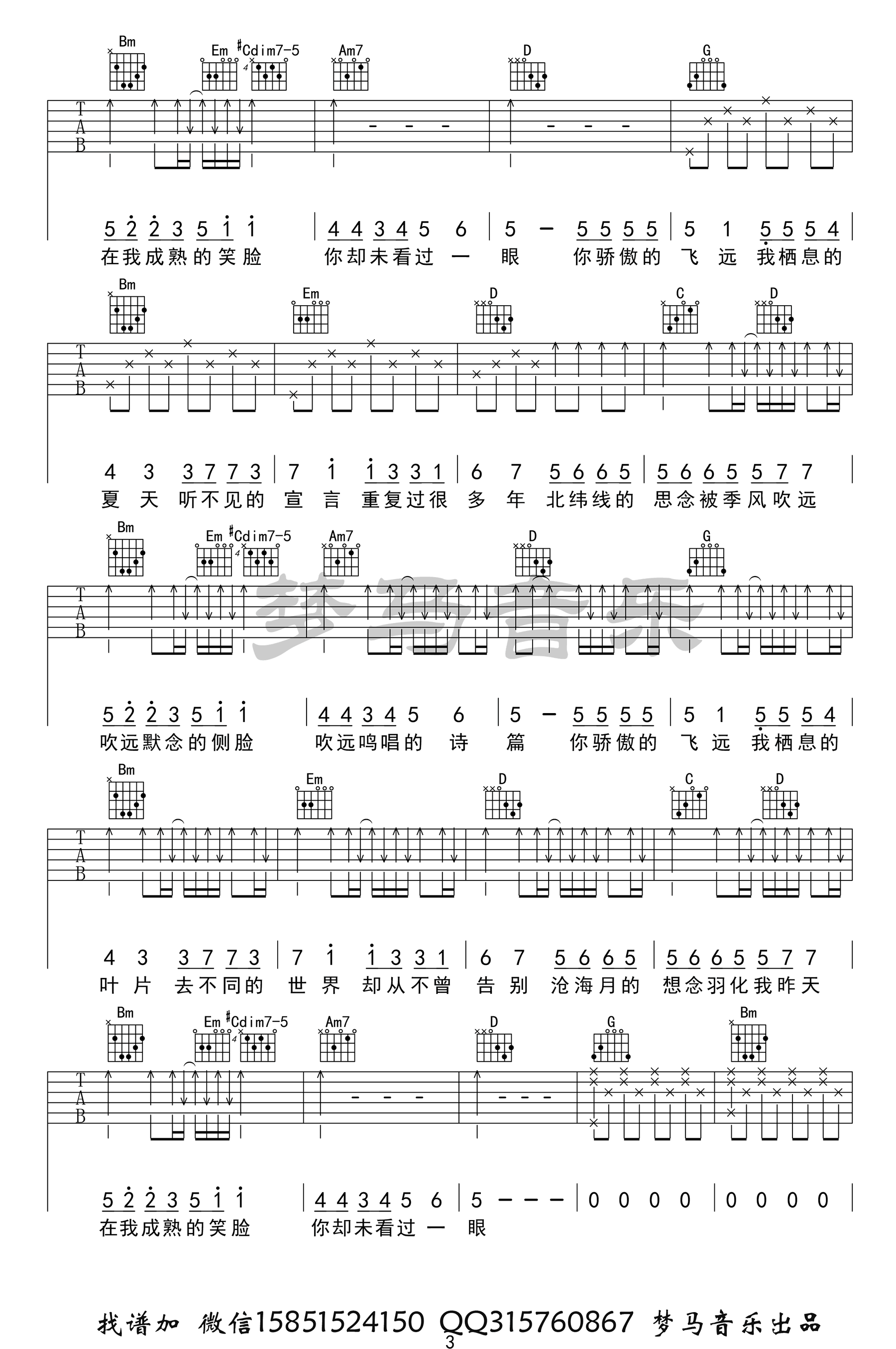 飞鸟和蝉吉他谱3-任然-G调指法